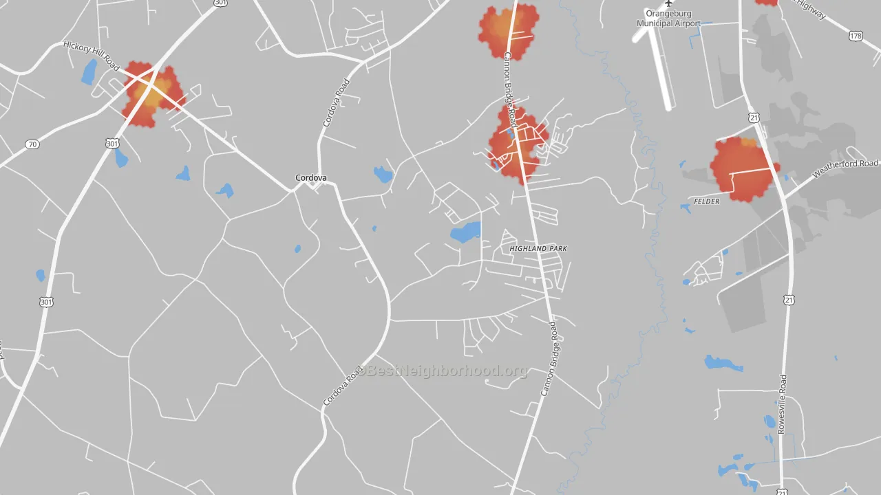 Walk Grade map of 29039, SC, walkable areas in green and car-dependent areas in red