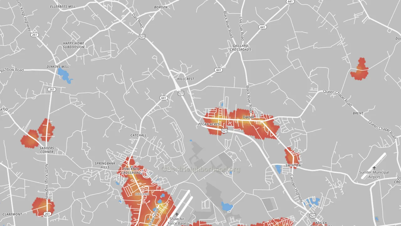 Walk Grade map of 29040, SC, walkable areas in green and car-dependent areas in red