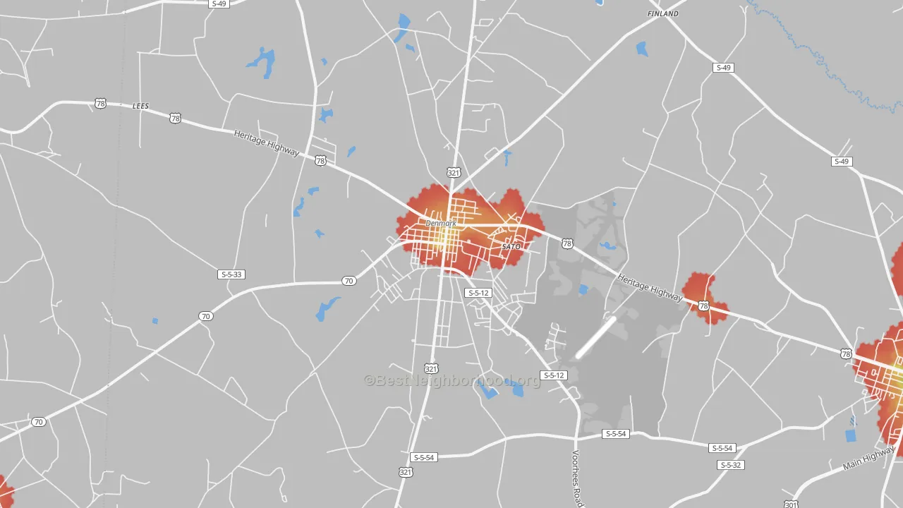 Walk Grade map of 29042, SC, walkable areas in green and car-dependent areas in red