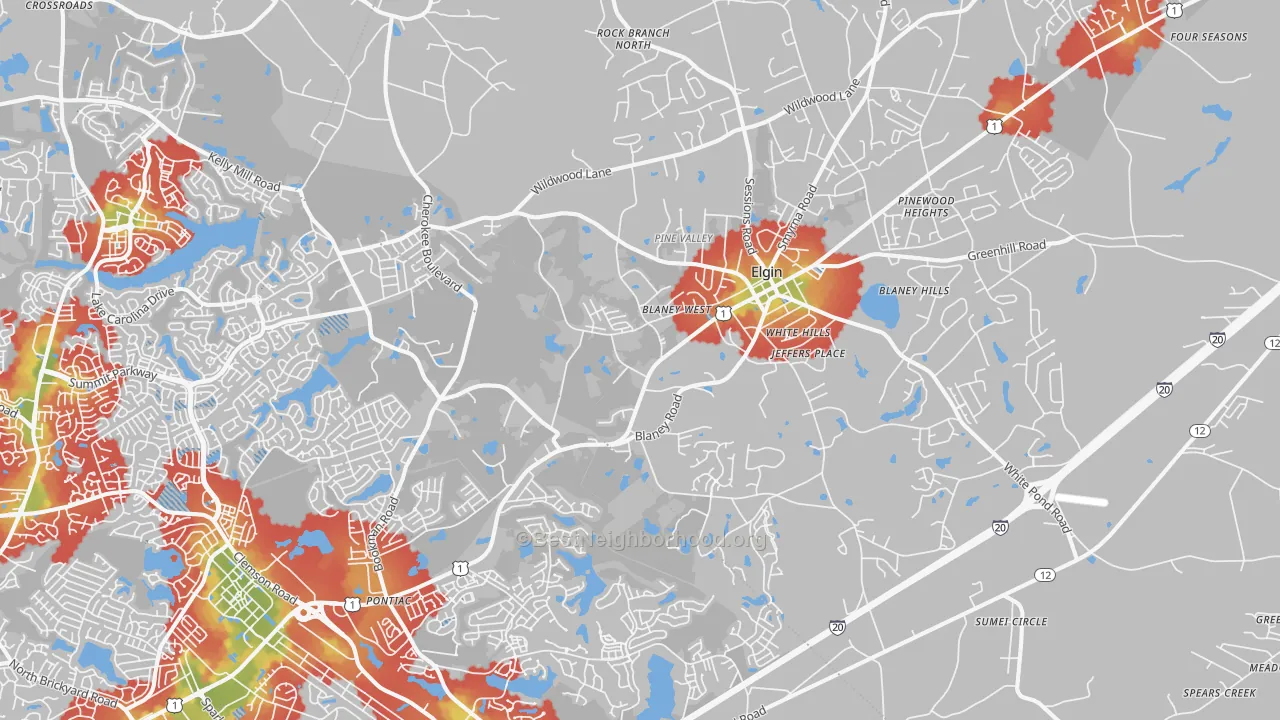Walk Grade map of 29045, SC, walkable areas in green and car-dependent areas in red