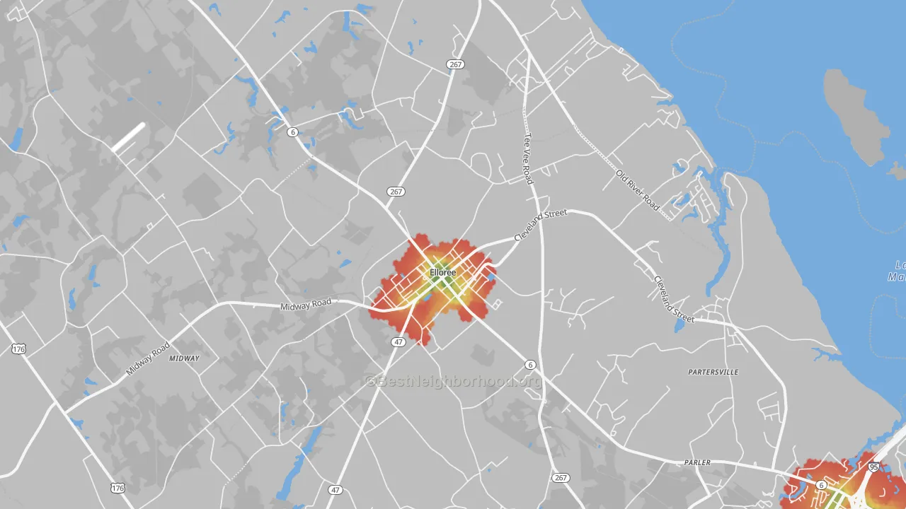 Walk Grade map of 29047, SC, walkable areas in green and car-dependent areas in red
