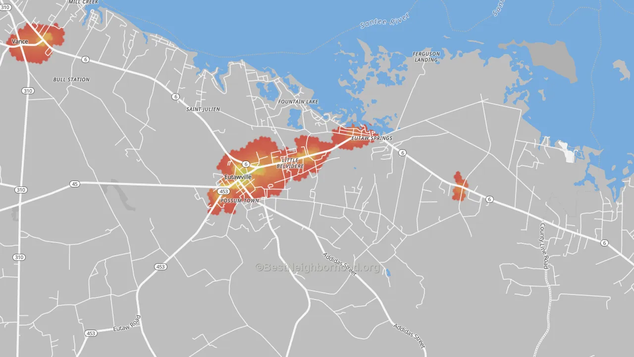 Walk Grade map of 29048, SC, walkable areas in green and car-dependent areas in red