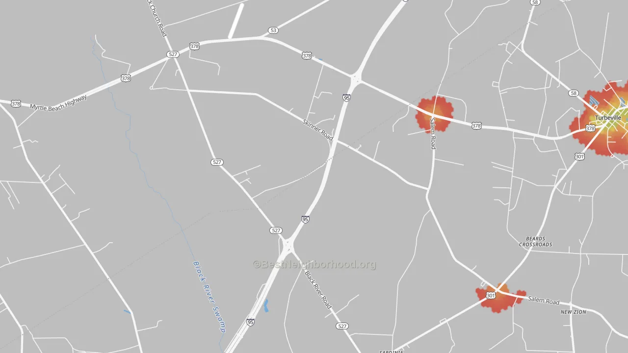 Walk Grade map of 29051, SC, walkable areas in green and car-dependent areas in red