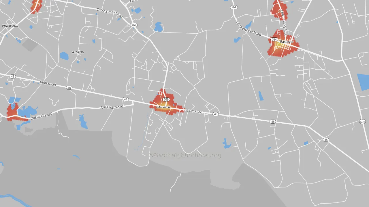 Walk Grade map of 29052, SC, walkable areas in green and car-dependent areas in red
