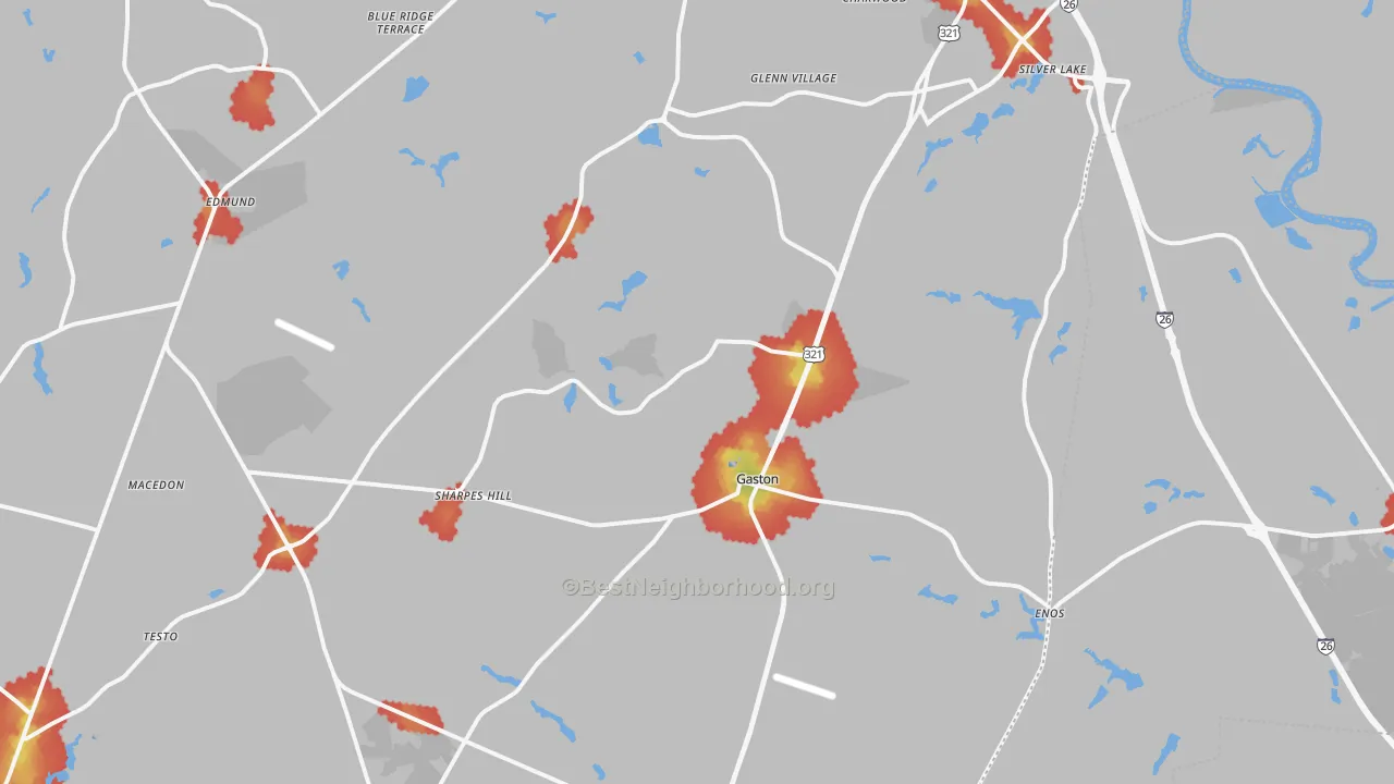 Walk Grade map of 29053, SC, walkable areas in green and car-dependent areas in red