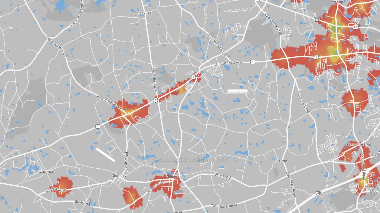 Walk Grade map of 29054, SC, walkable areas in green and car-dependent areas in red