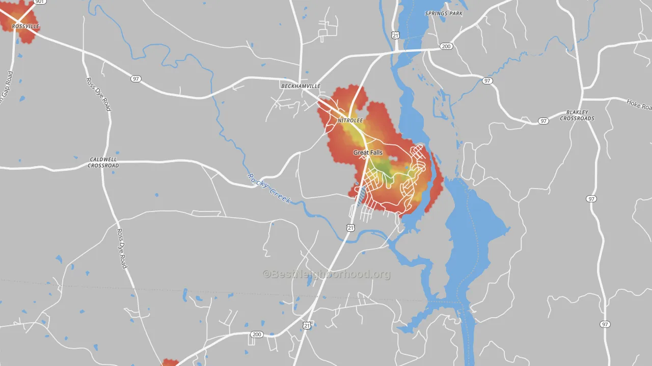 Walk Grade map of 29055, SC, walkable areas in green and car-dependent areas in red