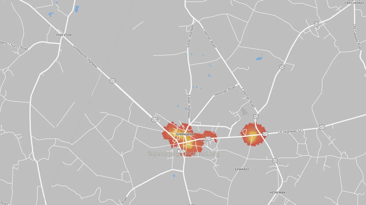 Walk Grade map of 29056, SC, walkable areas in green and car-dependent areas in red