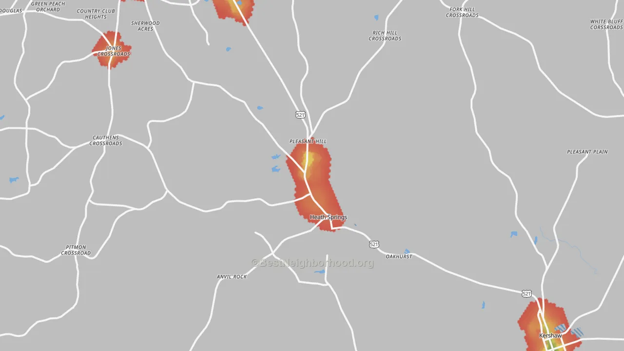 Walk Grade map of 29058, SC, walkable areas in green and car-dependent areas in red