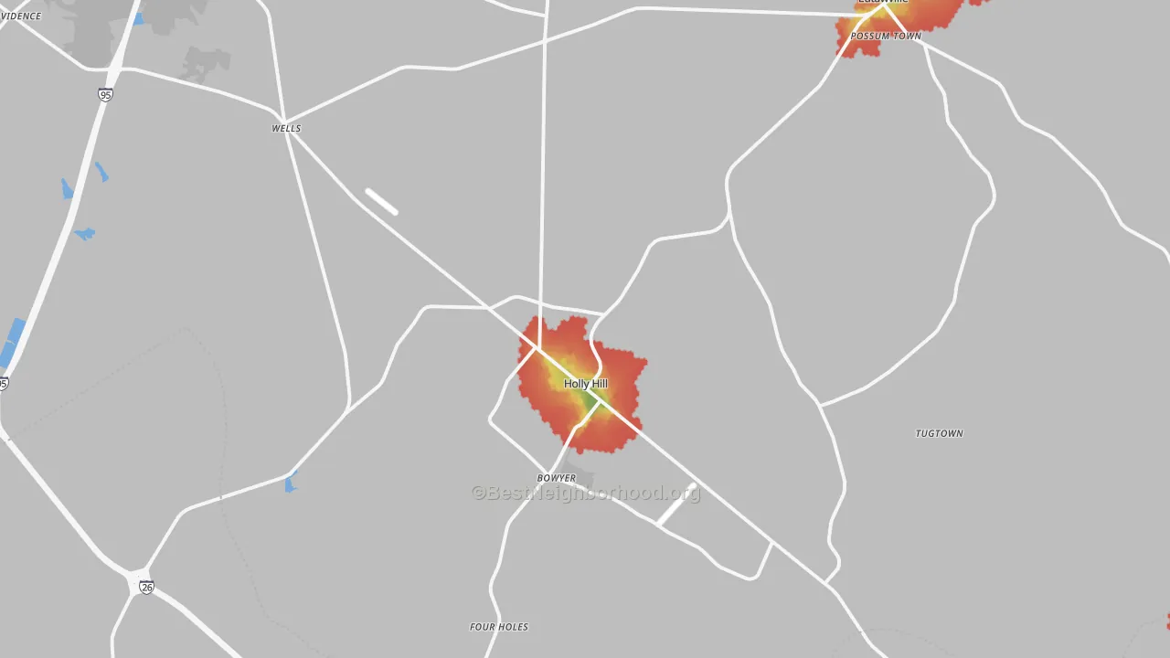 Walk Grade map of 29059, SC, walkable areas in green and car-dependent areas in red