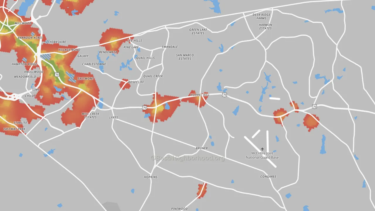 Walk Grade map of 29061, SC, walkable areas in green and car-dependent areas in red