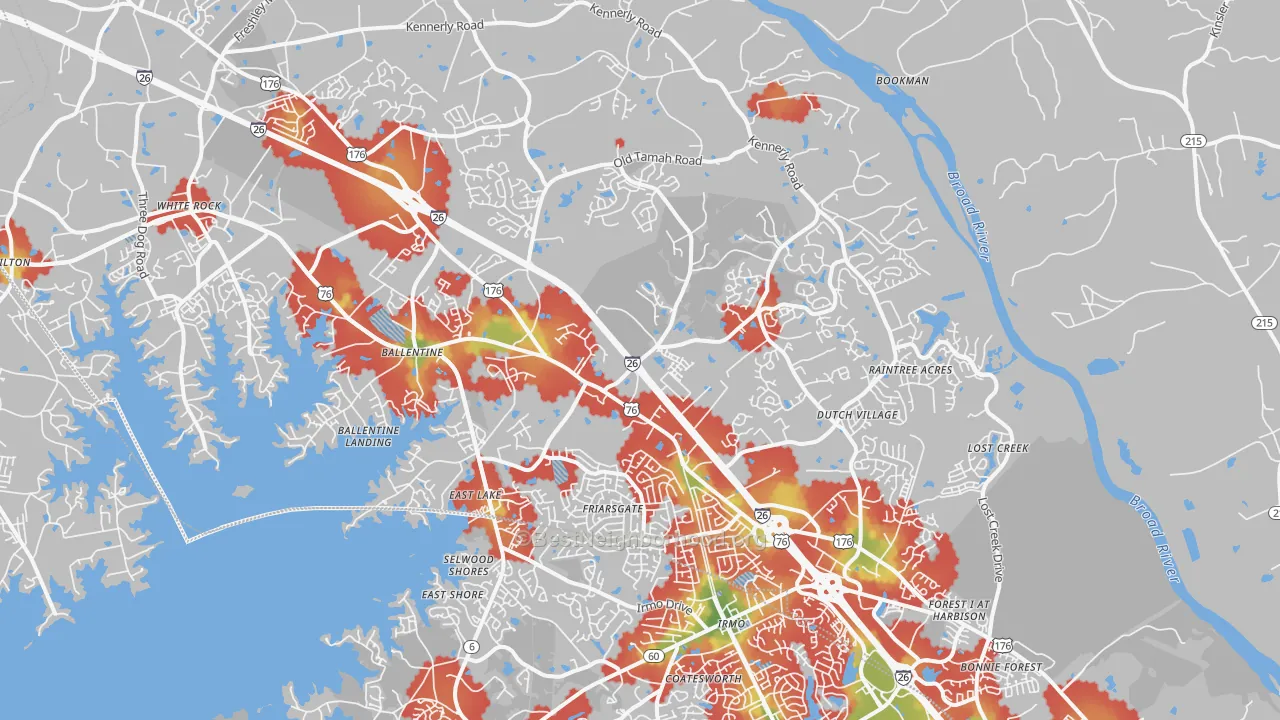 Walk Grade map of 29063, SC, walkable areas in green and car-dependent areas in red