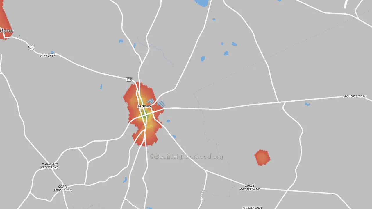 Walk Grade map of 29067, SC, walkable areas in green and car-dependent areas in red