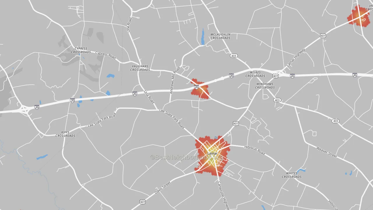 Walk Grade map of 29069, SC, walkable areas in green and car-dependent areas in red
