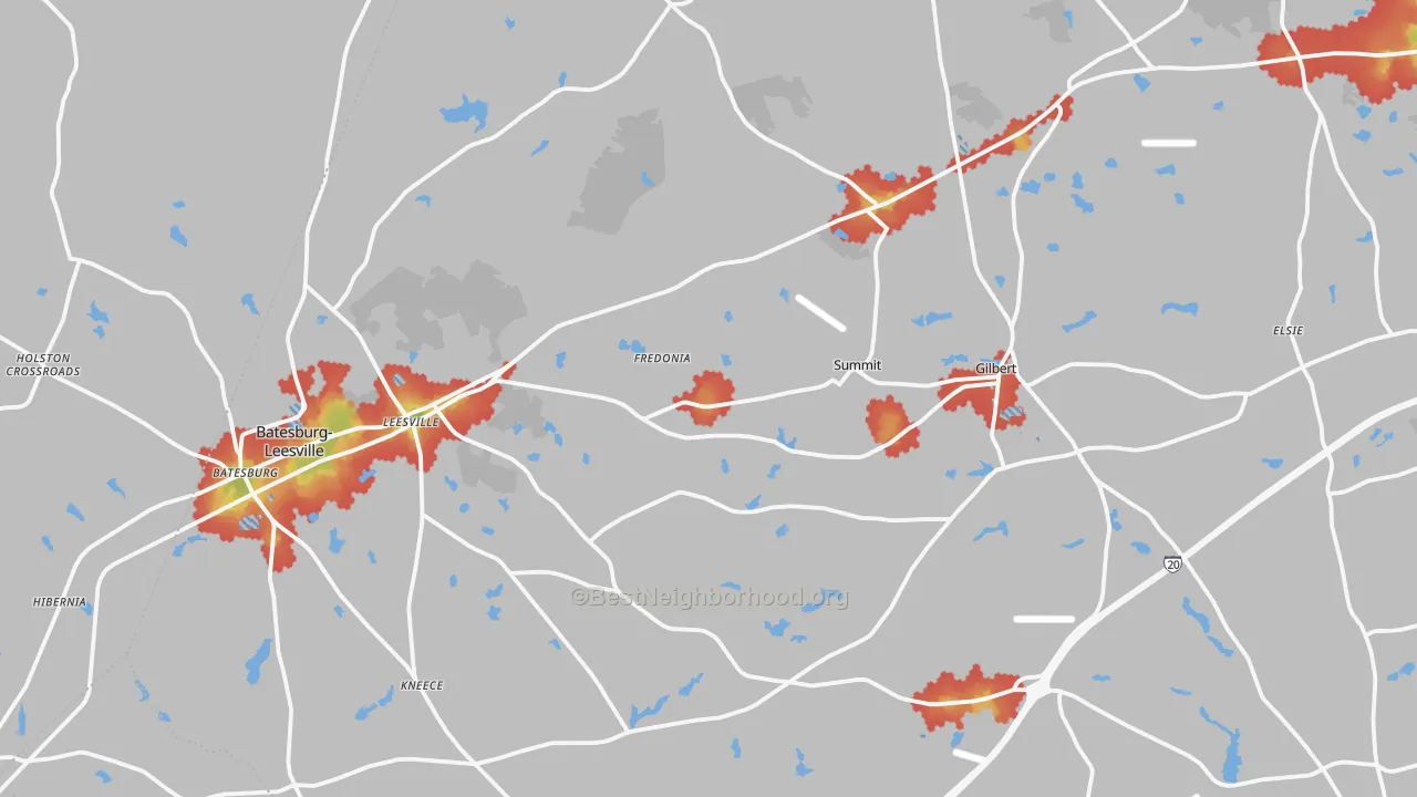 Walk Grade map of 29070, SC, walkable areas in green and car-dependent areas in red