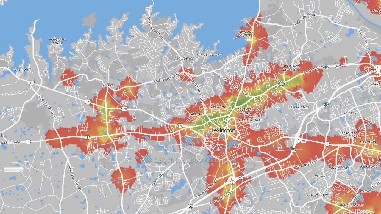 Walk Grade map of 29072, SC, walkable areas in green and car-dependent areas in red