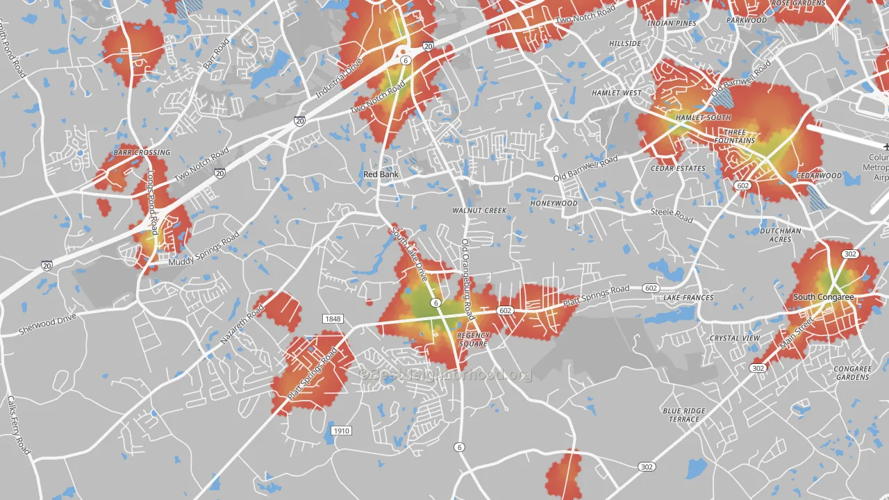Walk Grade map of 29073, SC, walkable areas in green and car-dependent areas in red