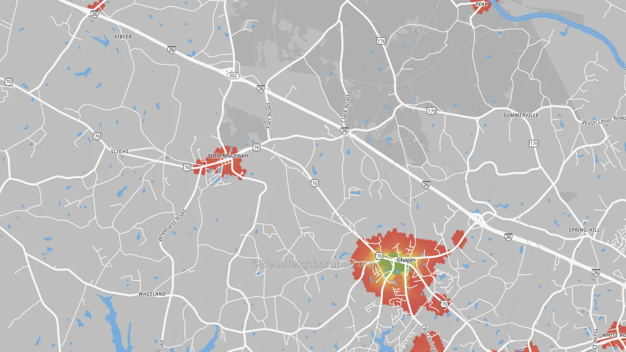 Walk Grade map of 29075, SC, walkable areas in green and car-dependent areas in red