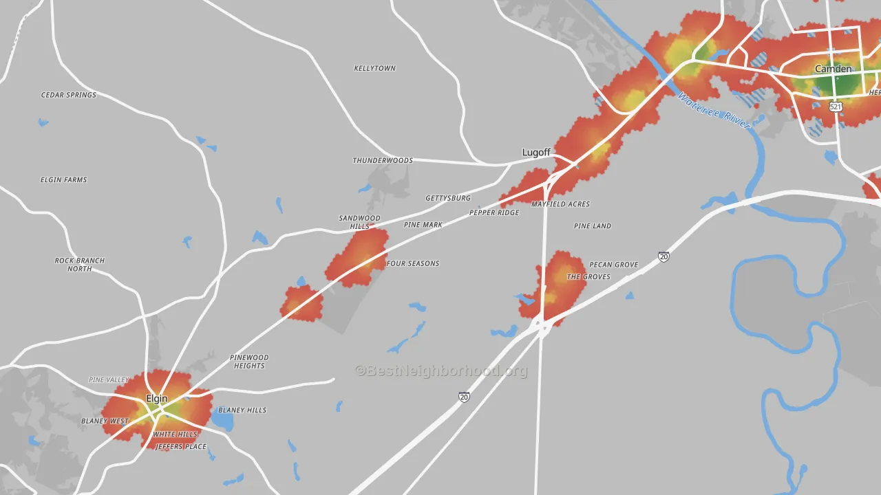 Walk Grade map of 29078, SC, walkable areas in green and car-dependent areas in red