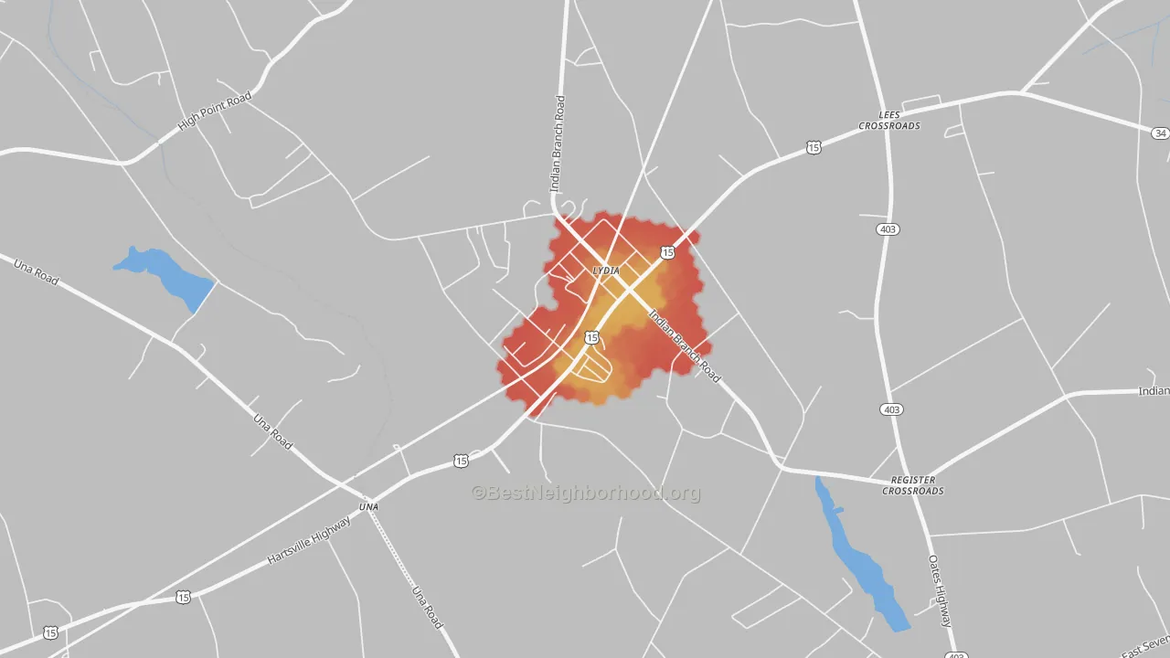 Walk Grade map of 29079, SC, walkable areas in green and car-dependent areas in red