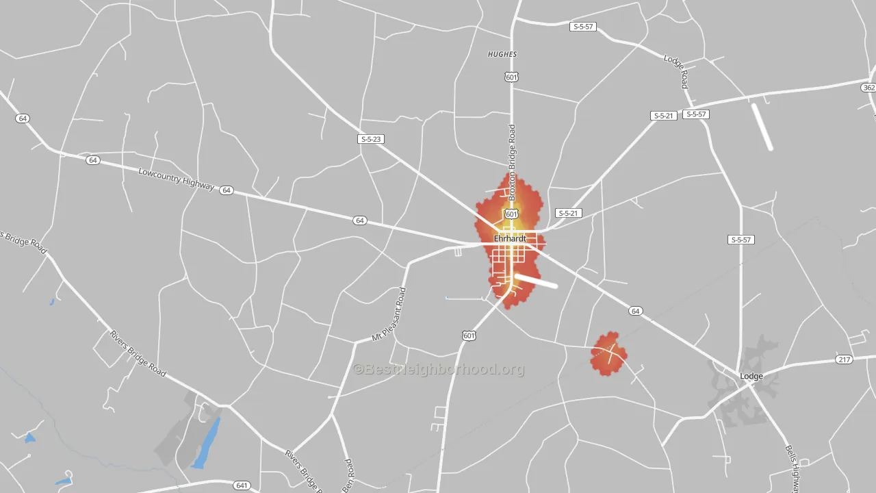 Walk Grade map of 29081, SC, walkable areas in green and car-dependent areas in red