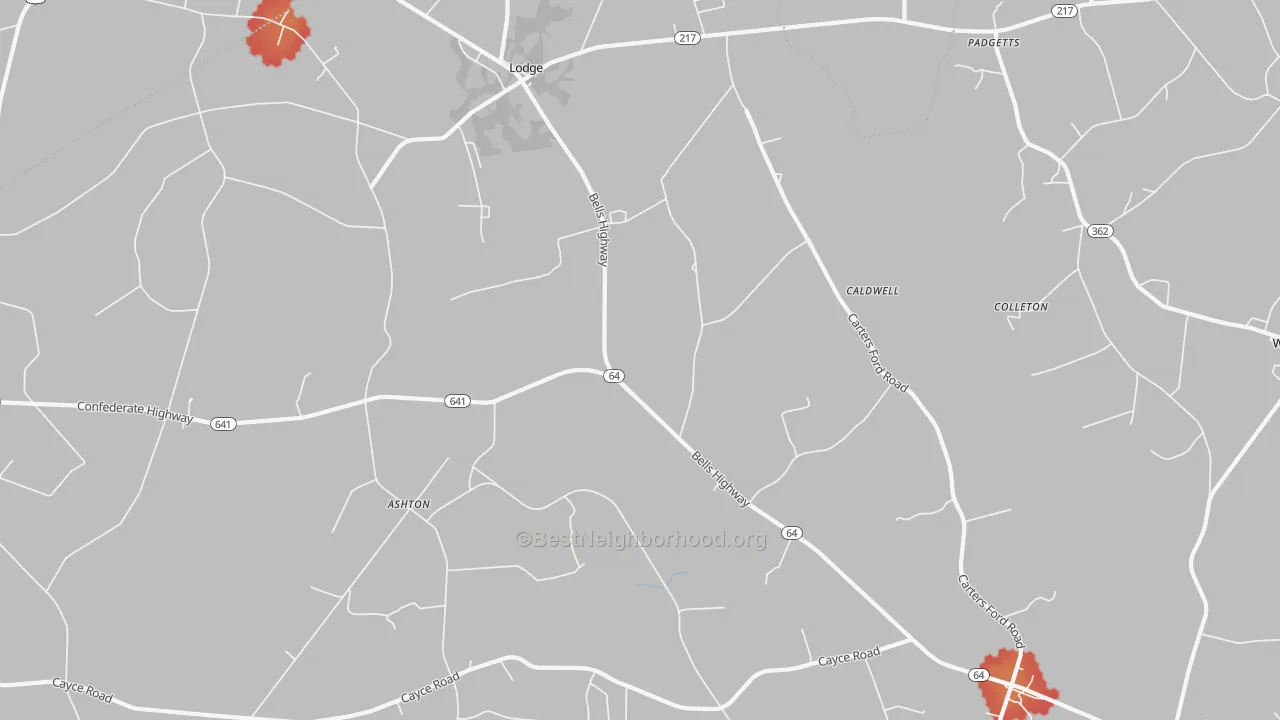Walk Grade map of 29082, SC, walkable areas in green and car-dependent areas in red