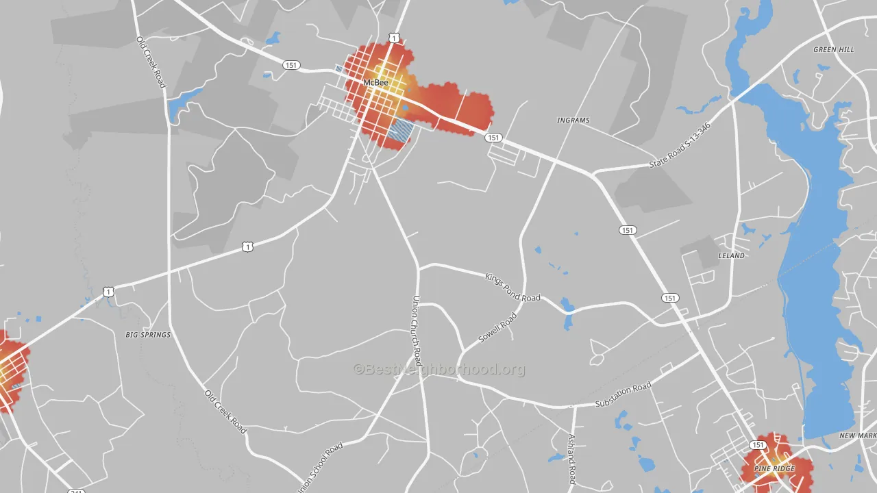 Walk Grade map of 29101, SC, walkable areas in green and car-dependent areas in red