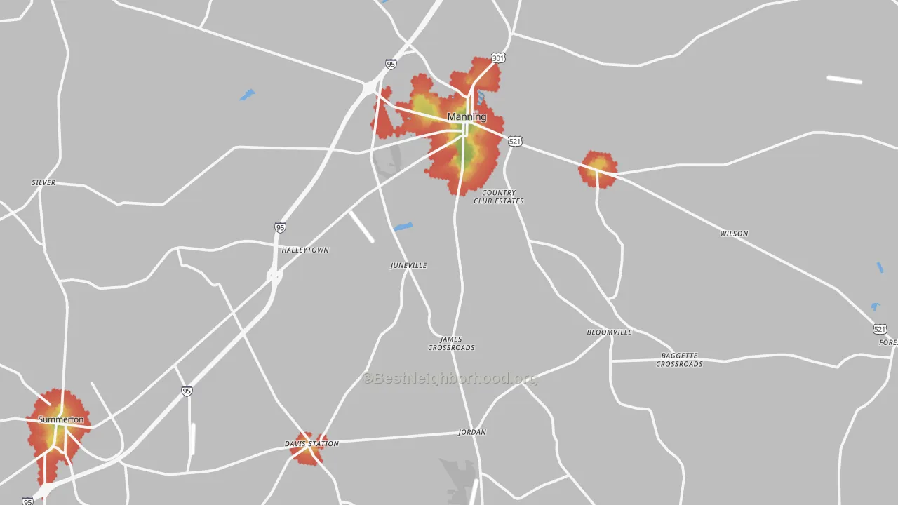 Walk Grade map of 29102, SC, walkable areas in green and car-dependent areas in red