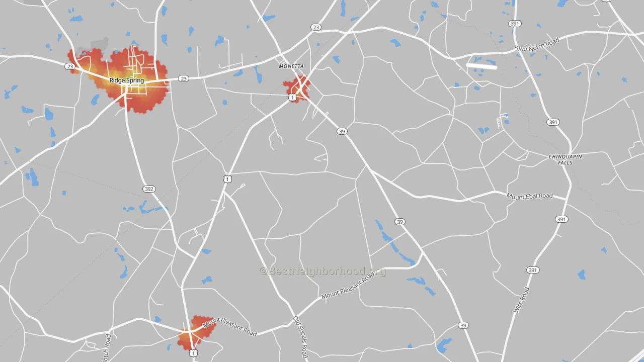 Walk Grade map of 29105, SC, walkable areas in green and car-dependent areas in red