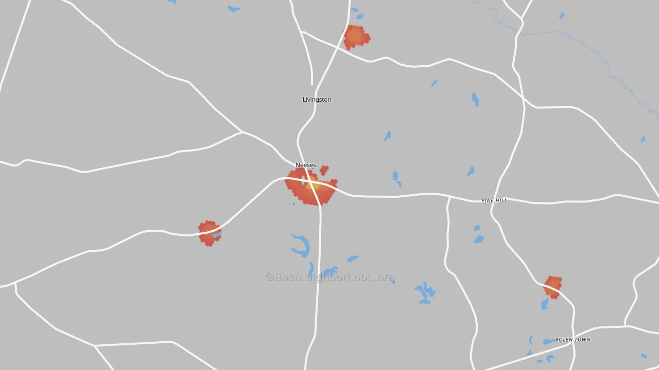 Walk Grade map of 29107, SC, walkable areas in green and car-dependent areas in red