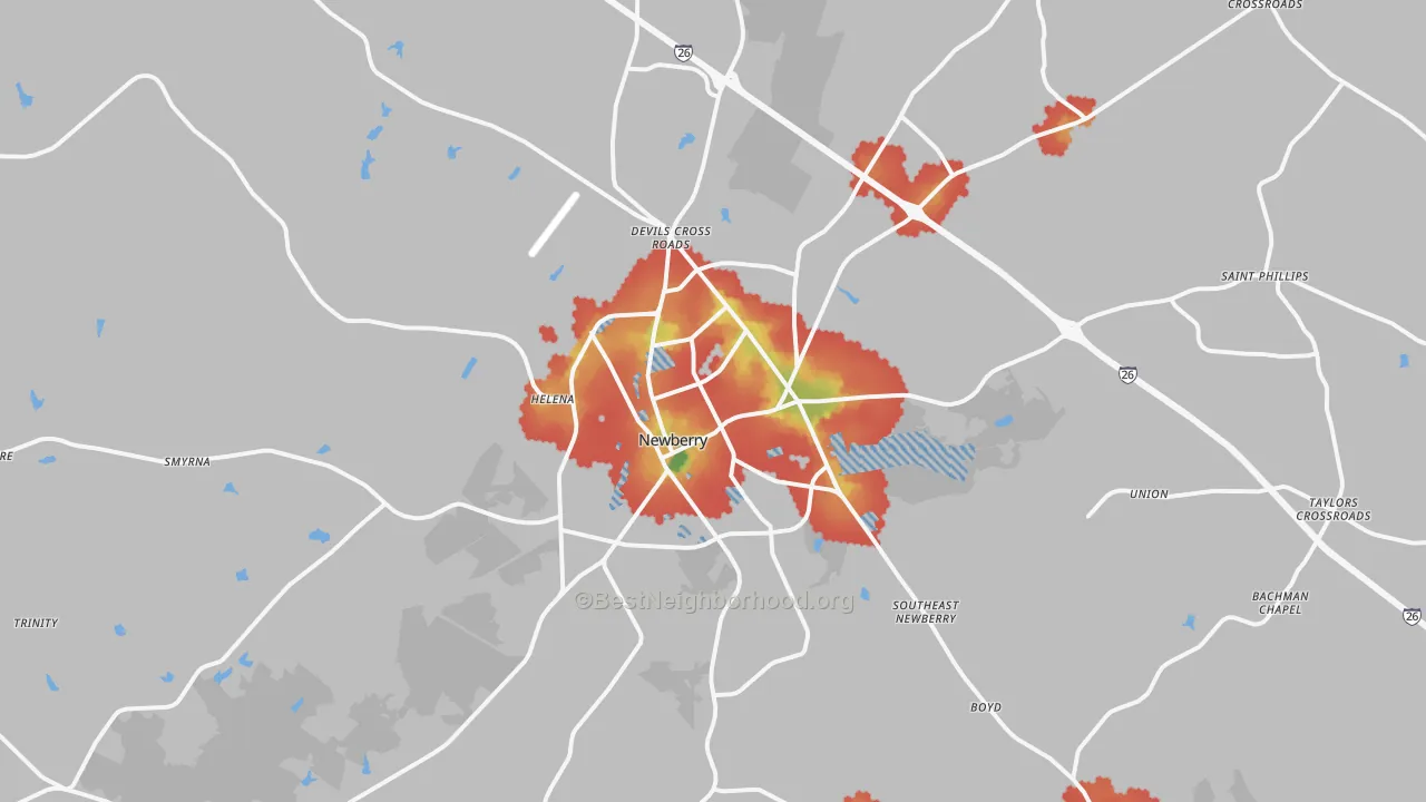 Walk Grade map of 29108, SC, walkable areas in green and car-dependent areas in red