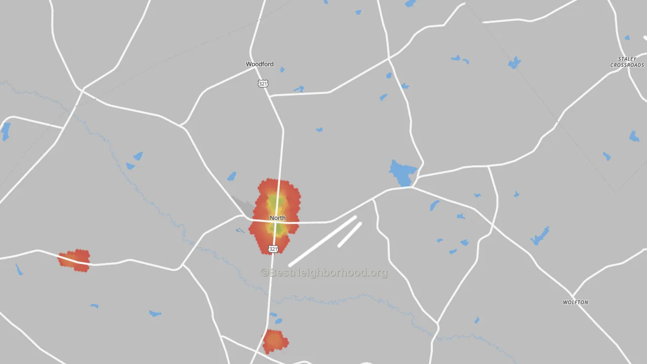 Walk Grade map of 29112, SC, walkable areas in green and car-dependent areas in red