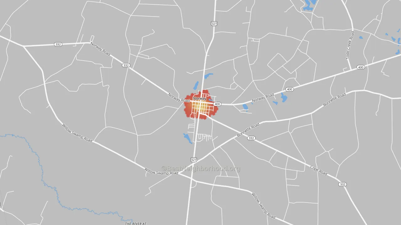 Walk Grade map of 29113, SC, walkable areas in green and car-dependent areas in red