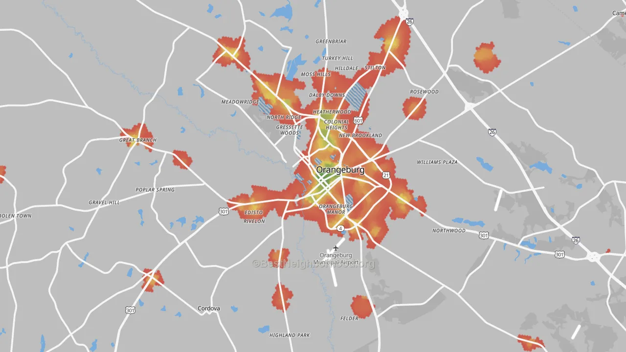 Walk Grade map of 29115, SC, walkable areas in green and car-dependent areas in red