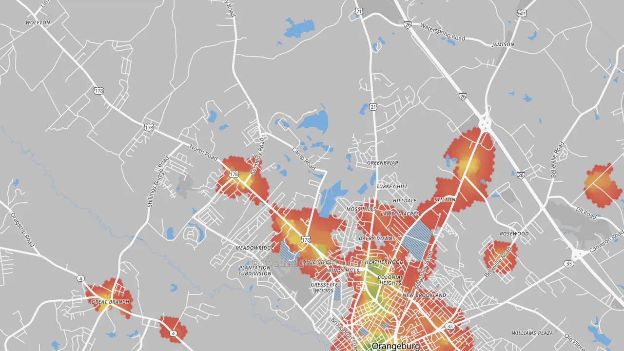Walk Grade map of 29118, SC, walkable areas in green and car-dependent areas in red