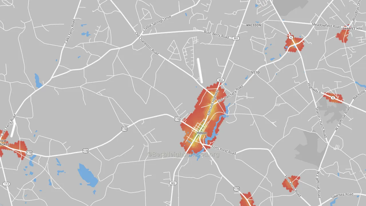 Walk Grade map of 29123, SC, walkable areas in green and car-dependent areas in red