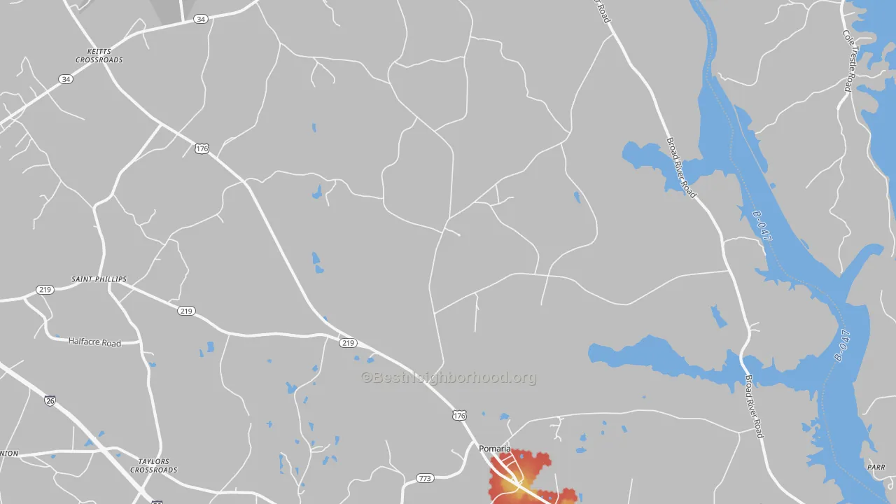 Walk Grade map of 29126, SC, walkable areas in green and car-dependent areas in red