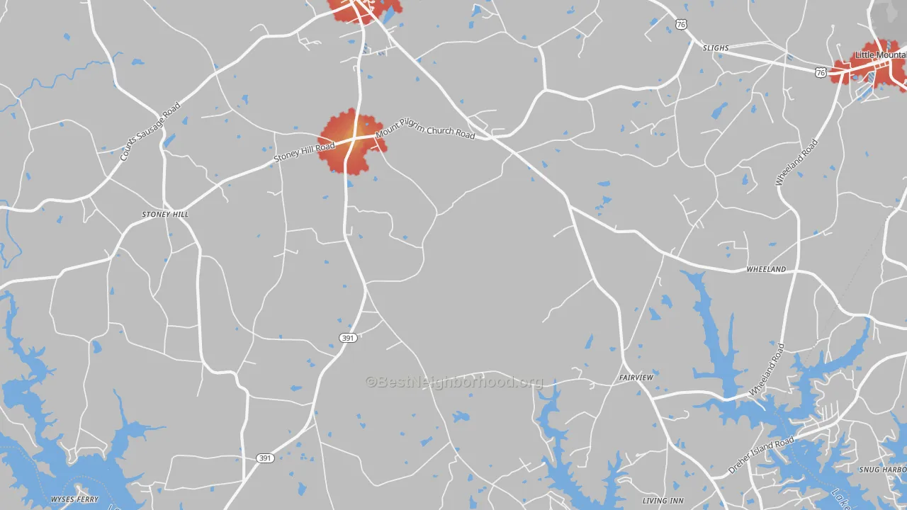 Walk Grade map of 29127, SC, walkable areas in green and car-dependent areas in red