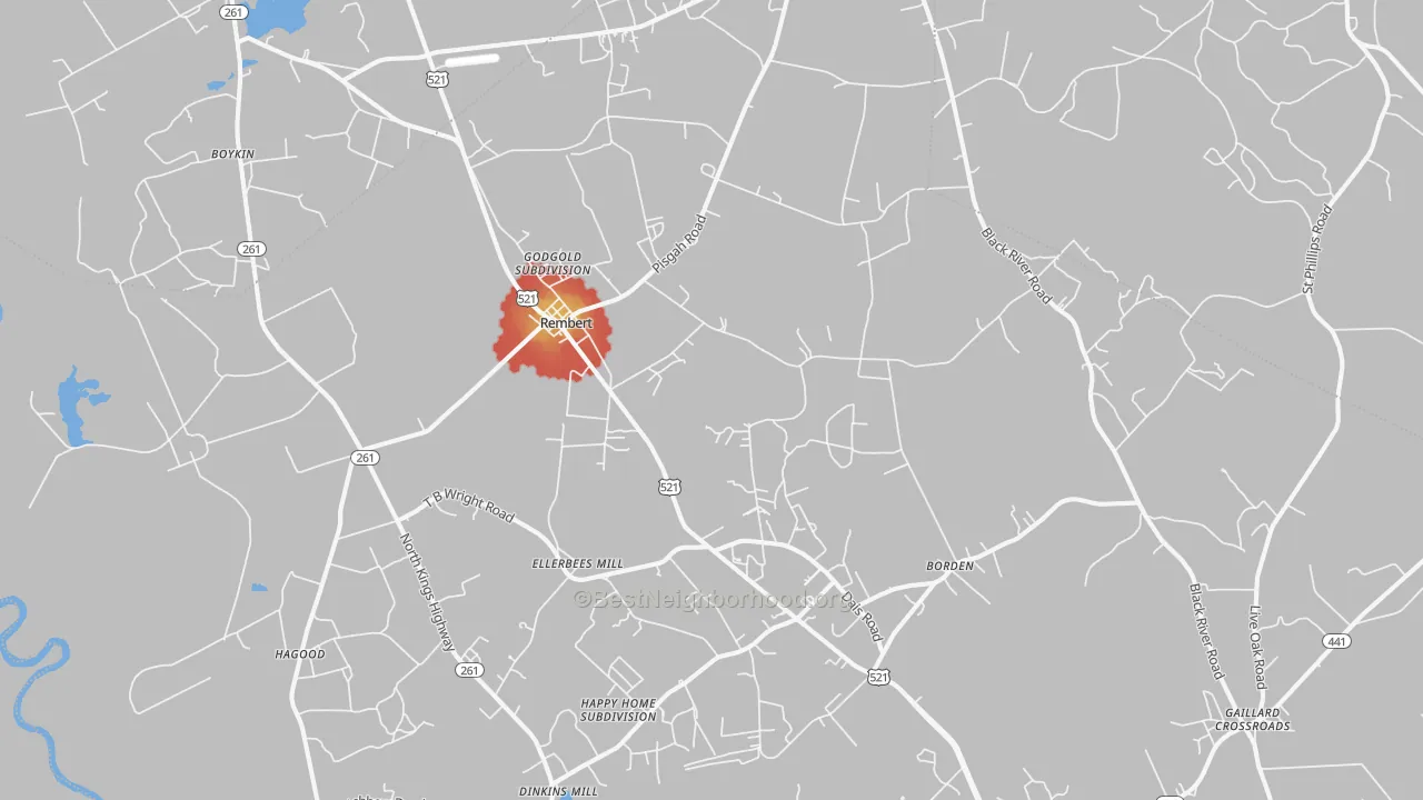 Walk Grade map of 29128, SC, walkable areas in green and car-dependent areas in red