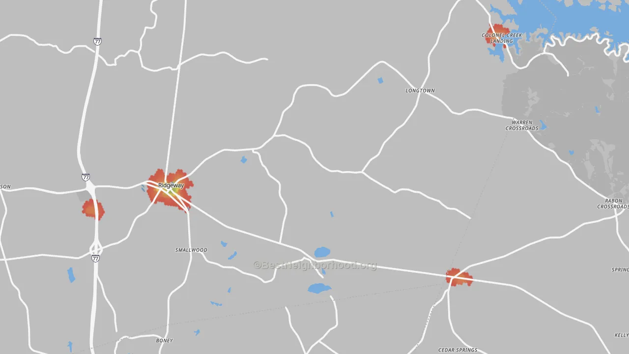 Walk Grade map of 29130, SC, walkable areas in green and car-dependent areas in red