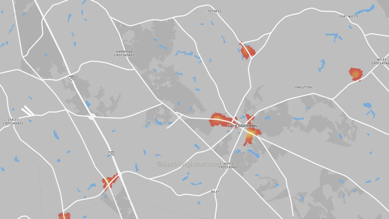 Walk Grade map of 29135, SC, walkable areas in green and car-dependent areas in red