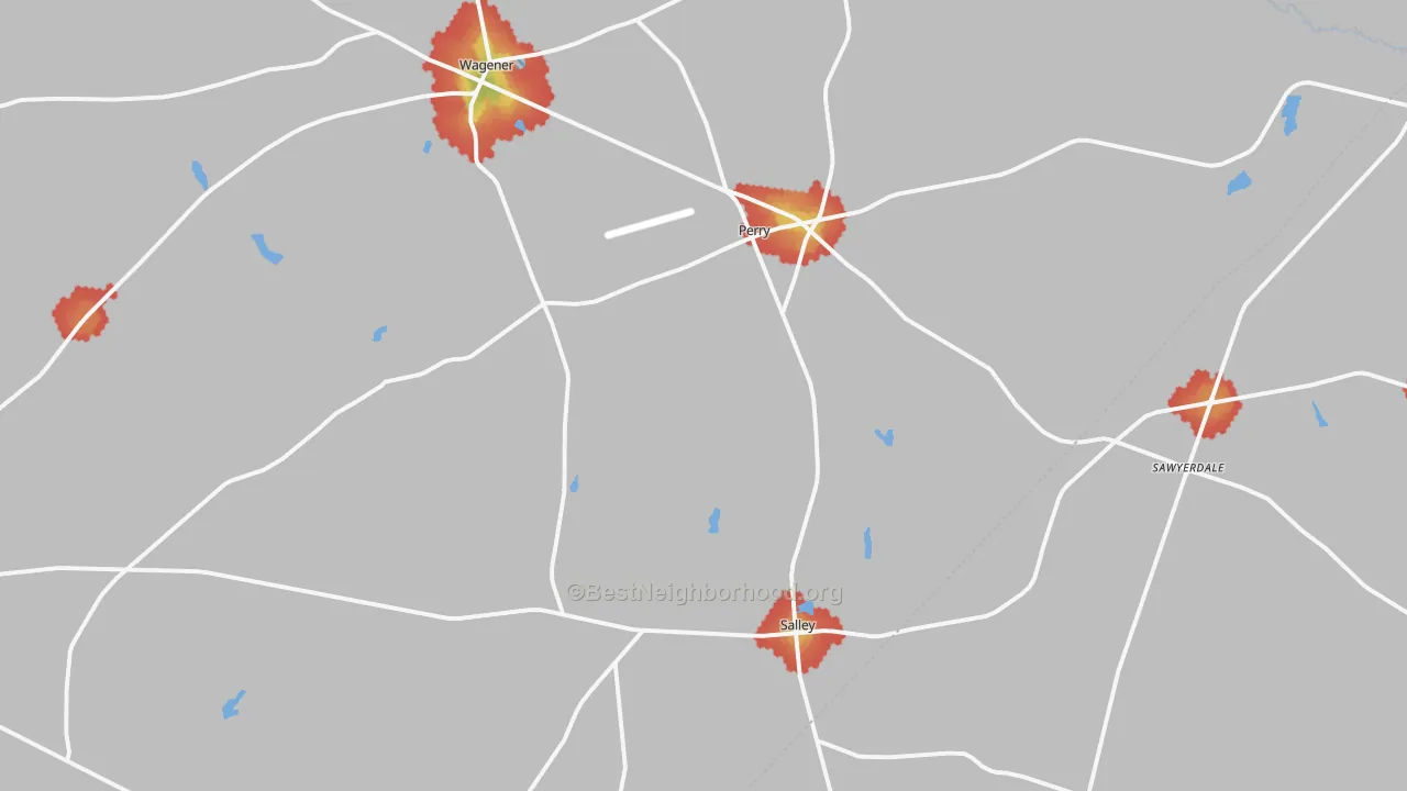 Walk Grade map of 29137, SC, walkable areas in green and car-dependent areas in red