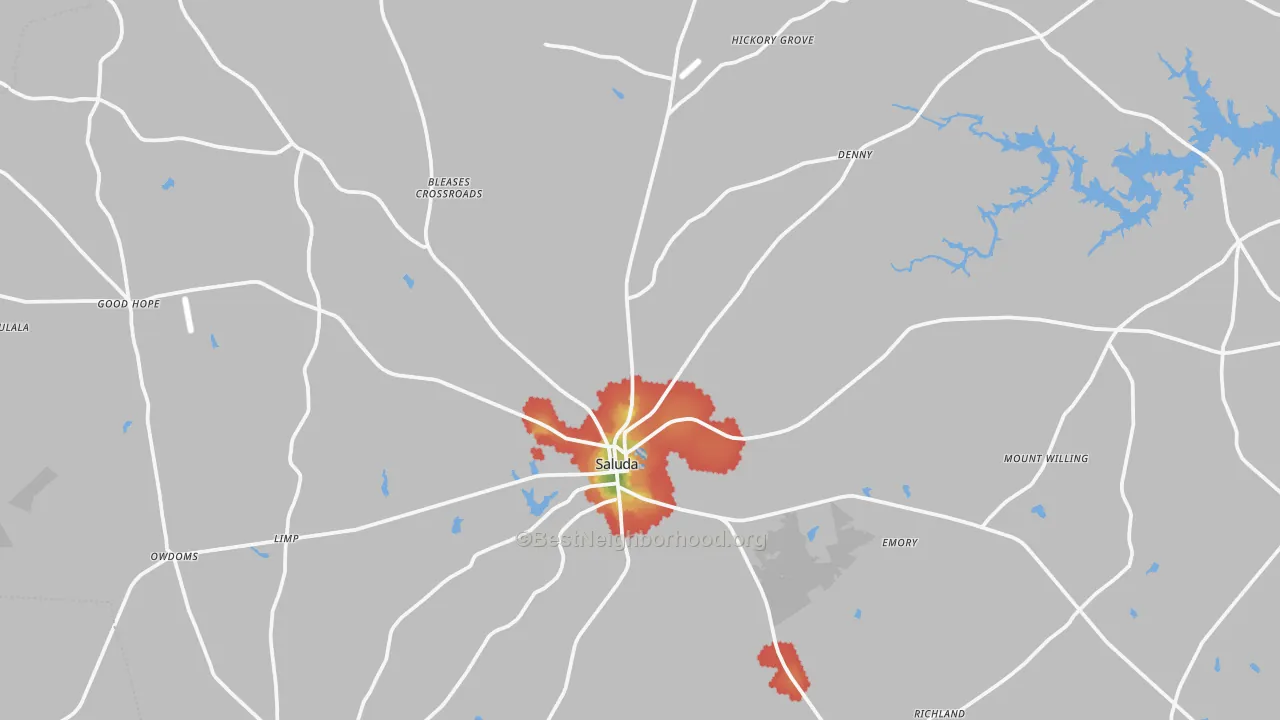 Walk Grade map of 29138, SC, walkable areas in green and car-dependent areas in red