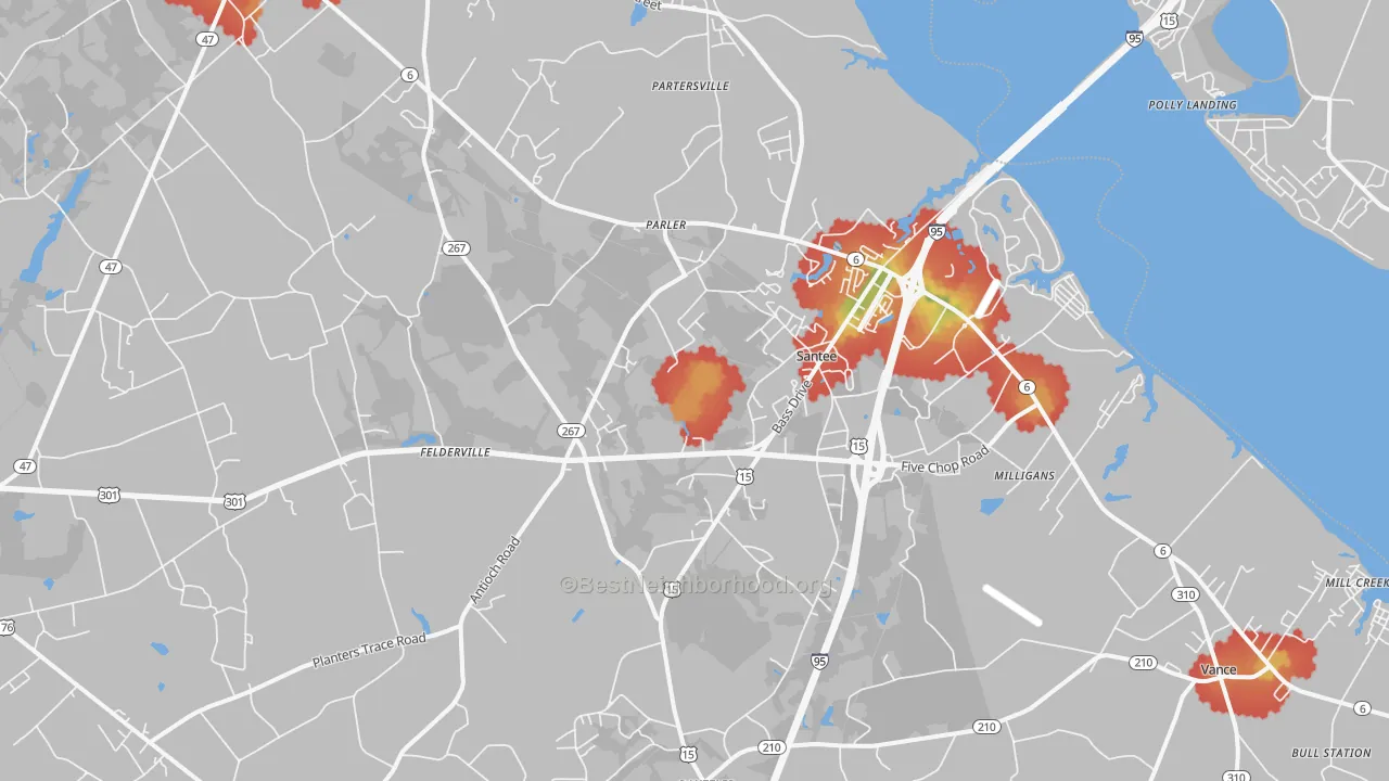 Walk Grade map of 29142, SC, walkable areas in green and car-dependent areas in red