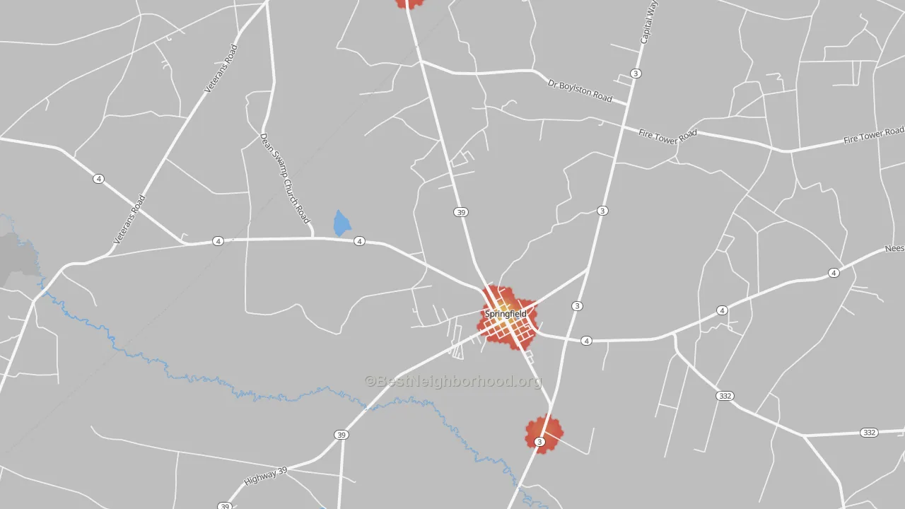 Walk Grade map of 29146, SC, walkable areas in green and car-dependent areas in red