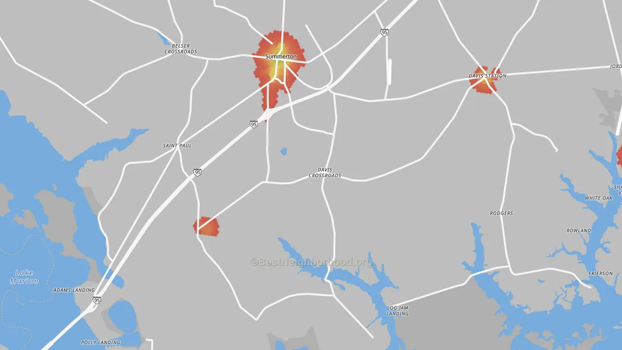 Walk Grade map of 29148, SC, walkable areas in green and car-dependent areas in red