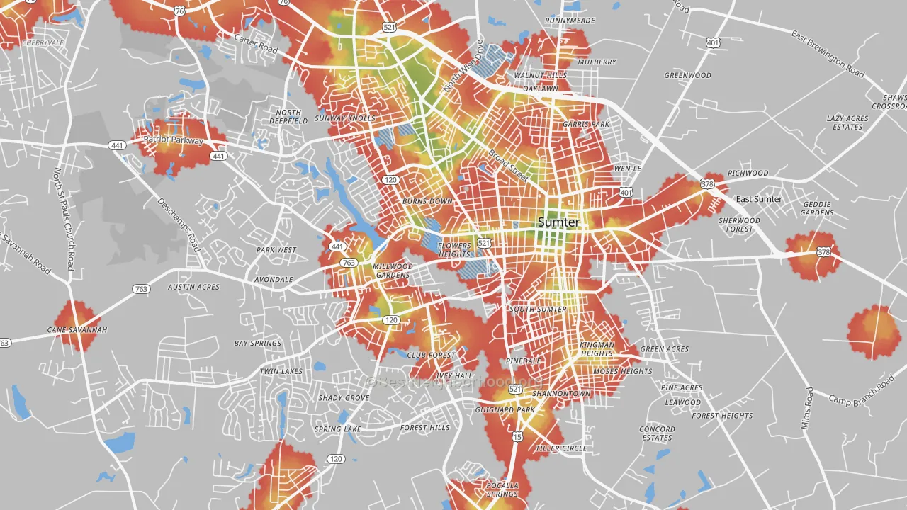 Walk Grade map of 29150, SC, walkable areas in green and car-dependent areas in red