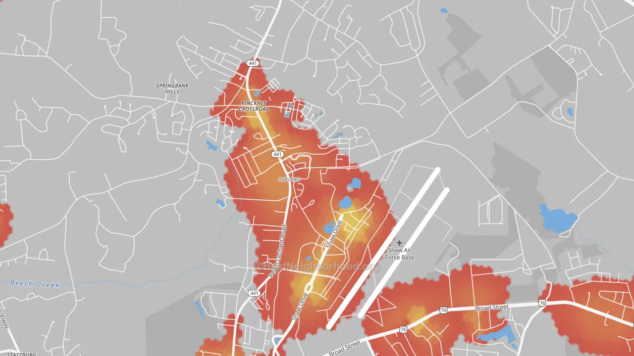 Walk Grade map of 29152, SC, walkable areas in green and car-dependent areas in red