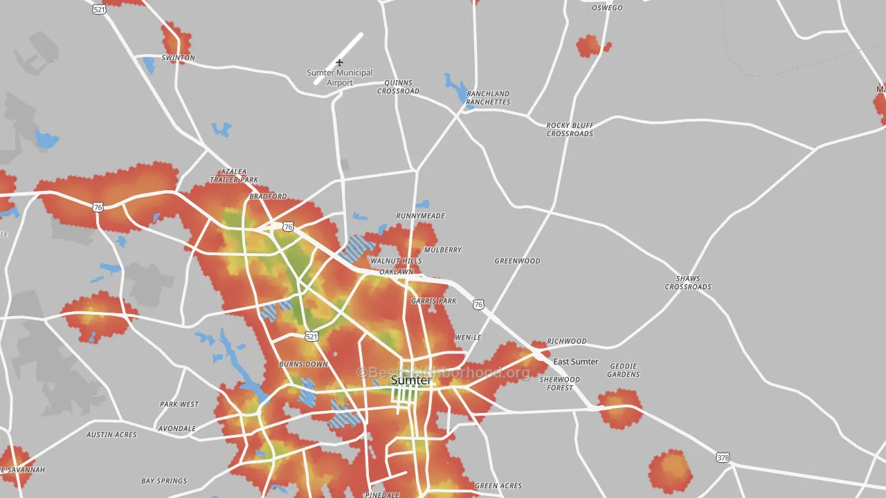 Walk Grade map of 29153, SC, walkable areas in green and car-dependent areas in red