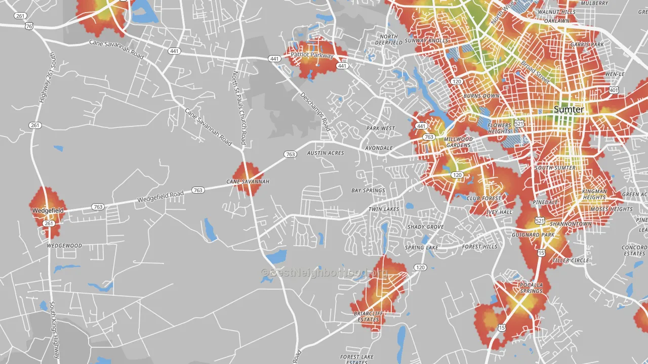 Walk Grade map of 29154, SC, walkable areas in green and car-dependent areas in red